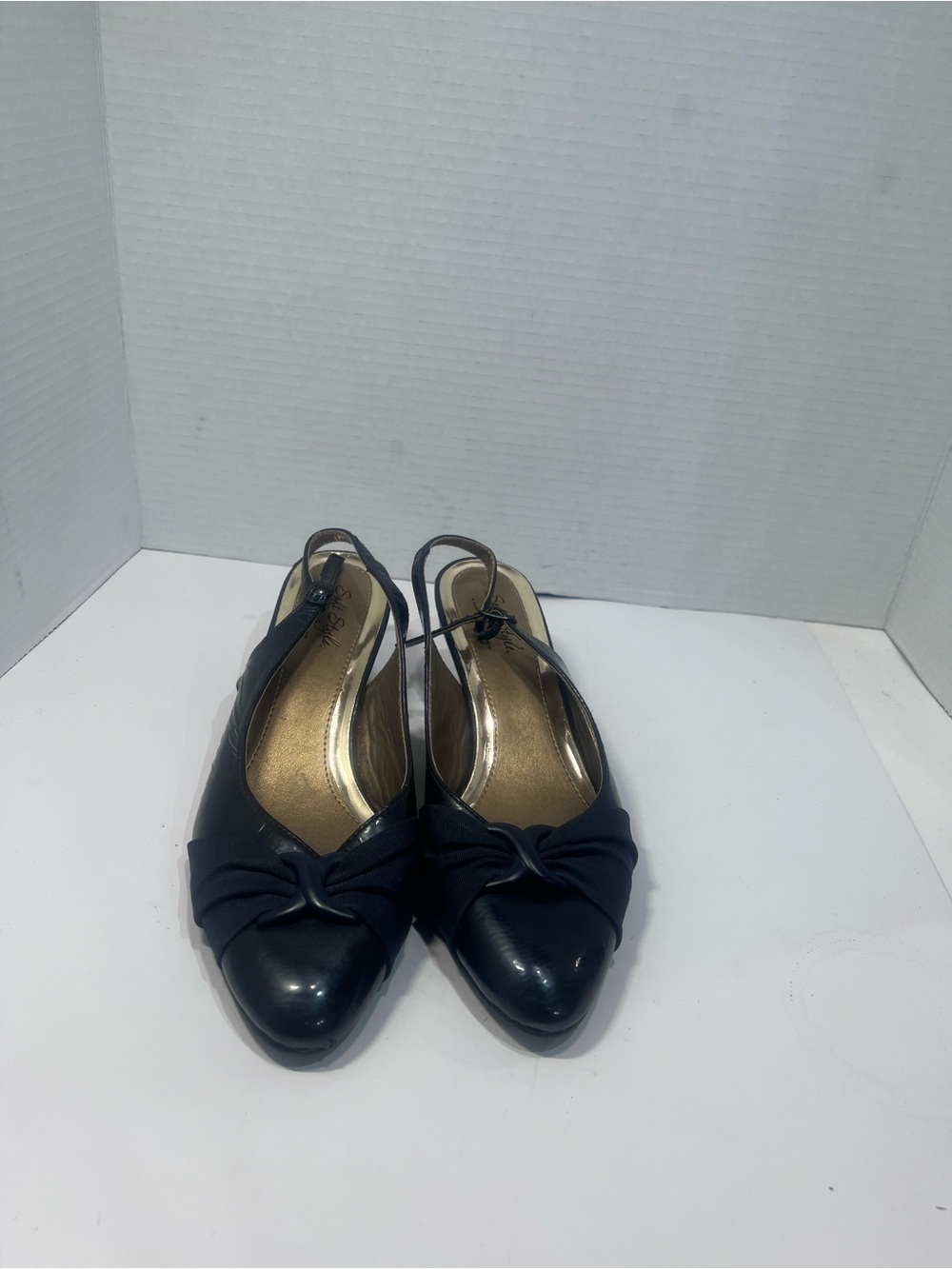 Soft Style Navy Slingback Pointed Toe Flats with Knot Accent